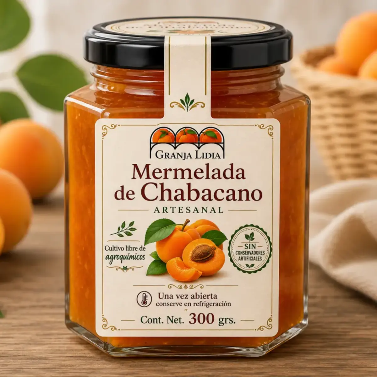 Presentación de mermelada artesanal de chabacano Granja Lidia